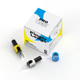Tattoo Rubber Finger Ledge. Box labeled "PRO Finger Ledge" containing 60 blue finger ledges, with loose blue ledges and two tattoo cartridges.